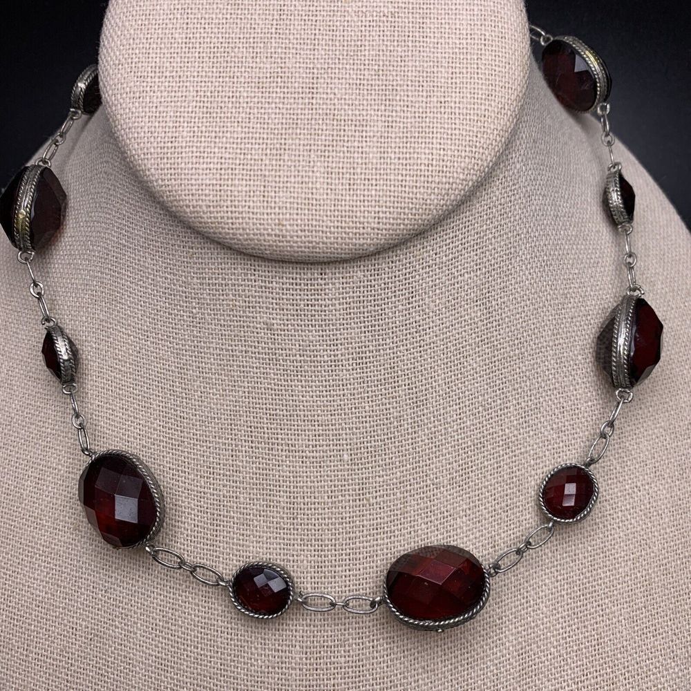 Laila Rowe Necklace Red Acrylic Bezel Design Silver Tone Faceted Look Collar